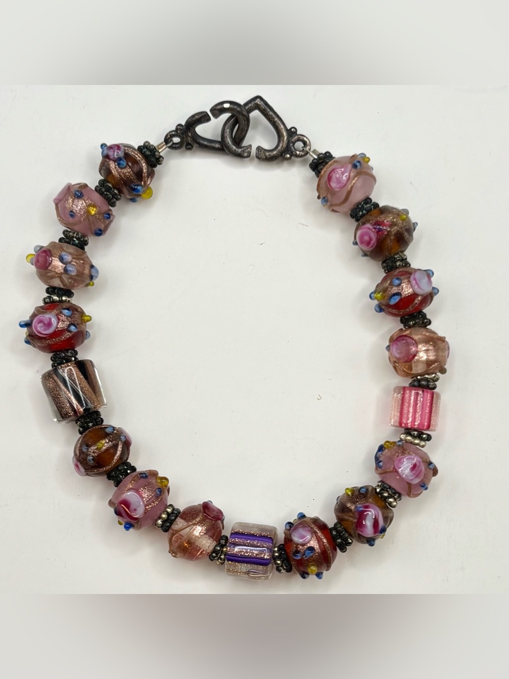 Venetian Style Lampwork Glass Bead Bracelet Pink Purple Aventurine Cadmium UV